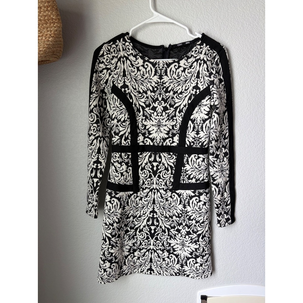 Gianni Bini Womens Black White Damask Jacquard Long Sleeve Sheath Dress XS
